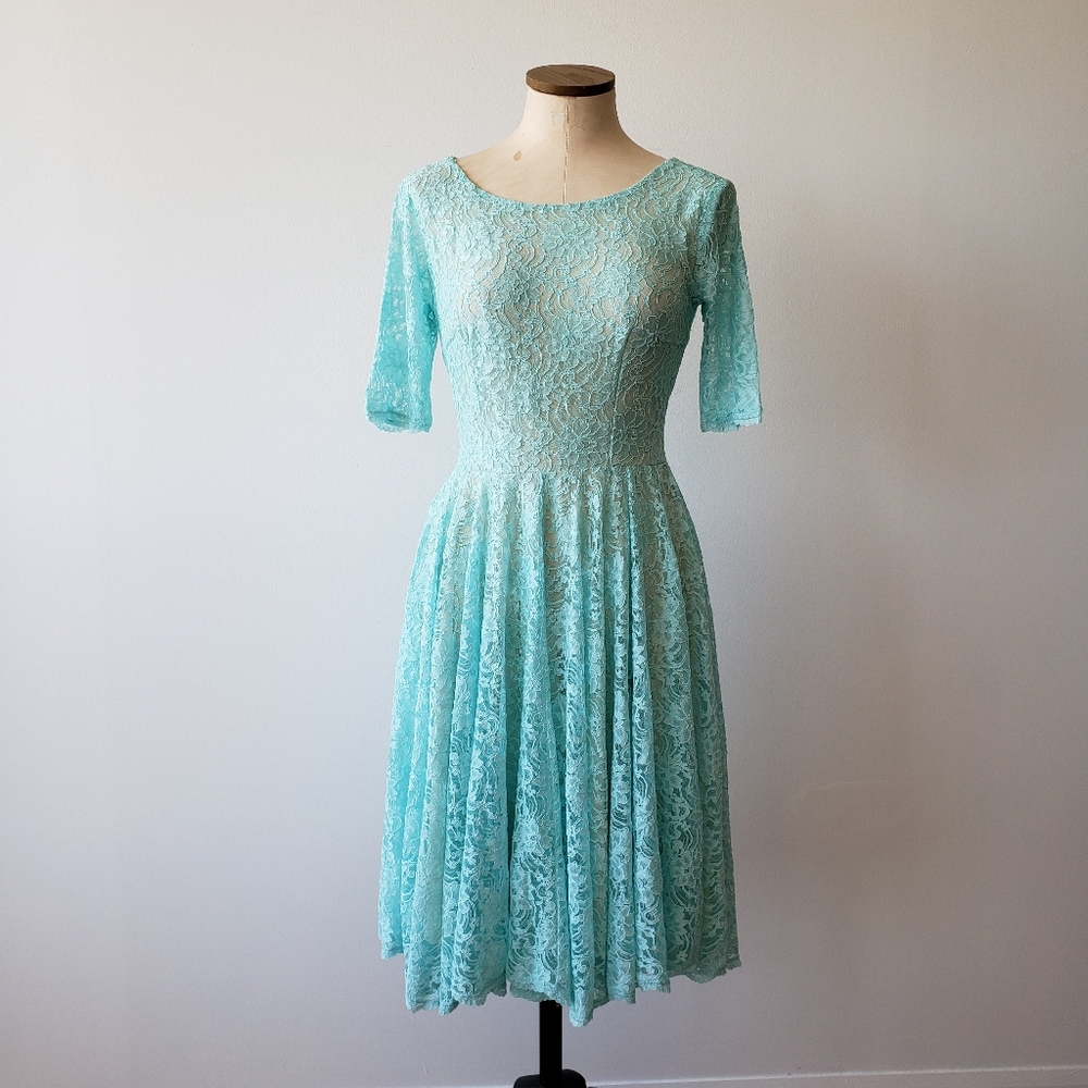 Blue Lace Midi Fit & Flare Dress